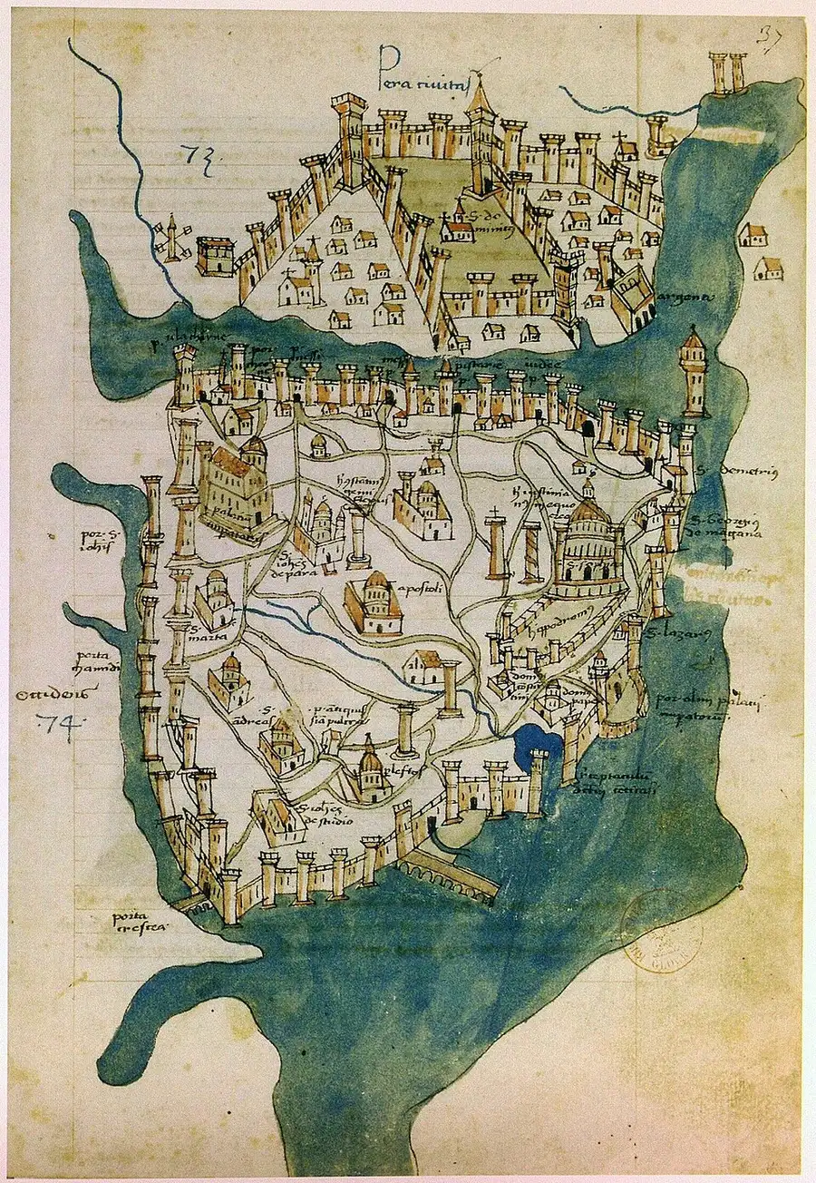 Cristoforo Buondelmonti's fifteenth-century map of Constantinople — the walled triangular city between the Golden Horn and the Marmara, Hagia Sophia and the Hippodrome drawn among the towers, Pera across the water.