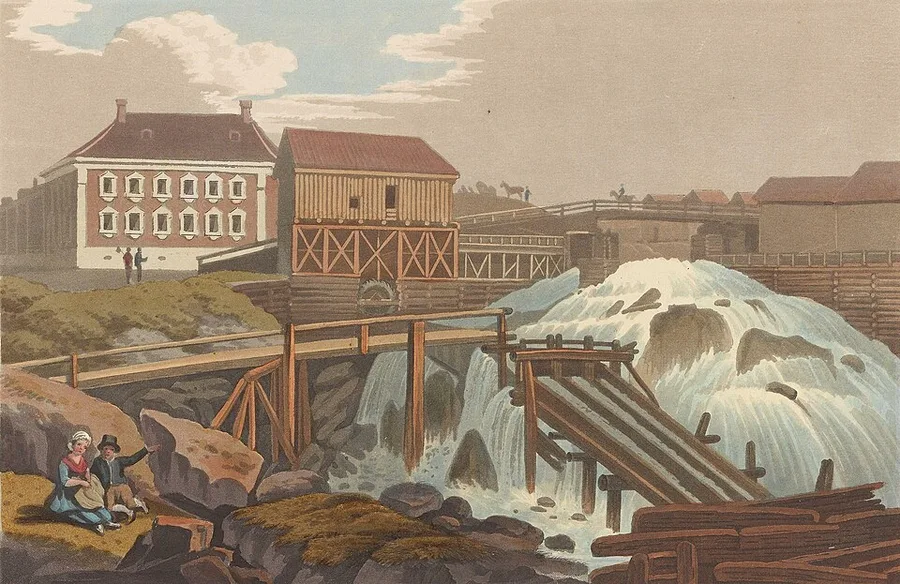 Hand-colored aquatint of a foaming waterfall and timber sawmill works at Moss, Norway, with Bernt Anker's red-roofed house on rising ground at left, a bridge and mill workers at right, and two seated figures in the foreground.