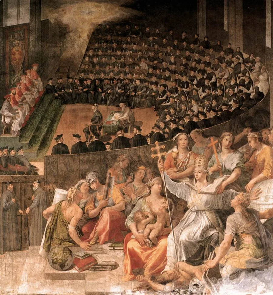 Fresco of the Council of Trent in session: bishops and cardinals fill a tiered hall facing a raised dais, while a foreground band of allegorical figures - a tiara-crowned woman with cross and chalice, other robed female figures, a putto, a globe - fills the lower half.