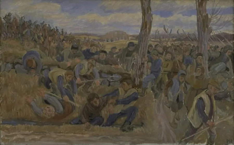 Broadly brushed, sunlit oil painting titled Grevens Fejde: a crowd of rural figures in muted blues, browns and tans grappling and struggling amid hay and bare trees, wagons and more figures in the background, under a pale cloudy sky.