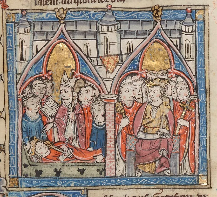 A manuscript miniature in two paired scenes beneath twin gothic arches: at left, clergy perform last rites over a crowned figure laid in an open tomb; at right, a newly crowned king sits enthroned among bishops and nobles, one handing him a cross-topped staff.