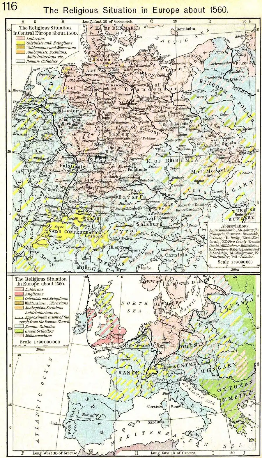 A page from a 1923 historical atlas titled "The Religious Situation in Europe about 1560": two color-coded maps, one of Central Europe and one of all Europe, with a legend shading territories by Lutheran, Calvinist, Anabaptist, Catholic, Orthodox, and Muslim confession.