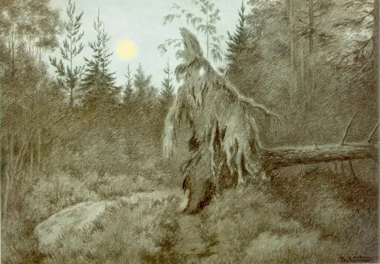 Kittelsen's moonlit Det rusler og tusler, rasler og tasler (1900) — an upright, spruce-shagged figure caught mid-walk beside a fallen trunk, a full moon over the forest and a boulder at left.