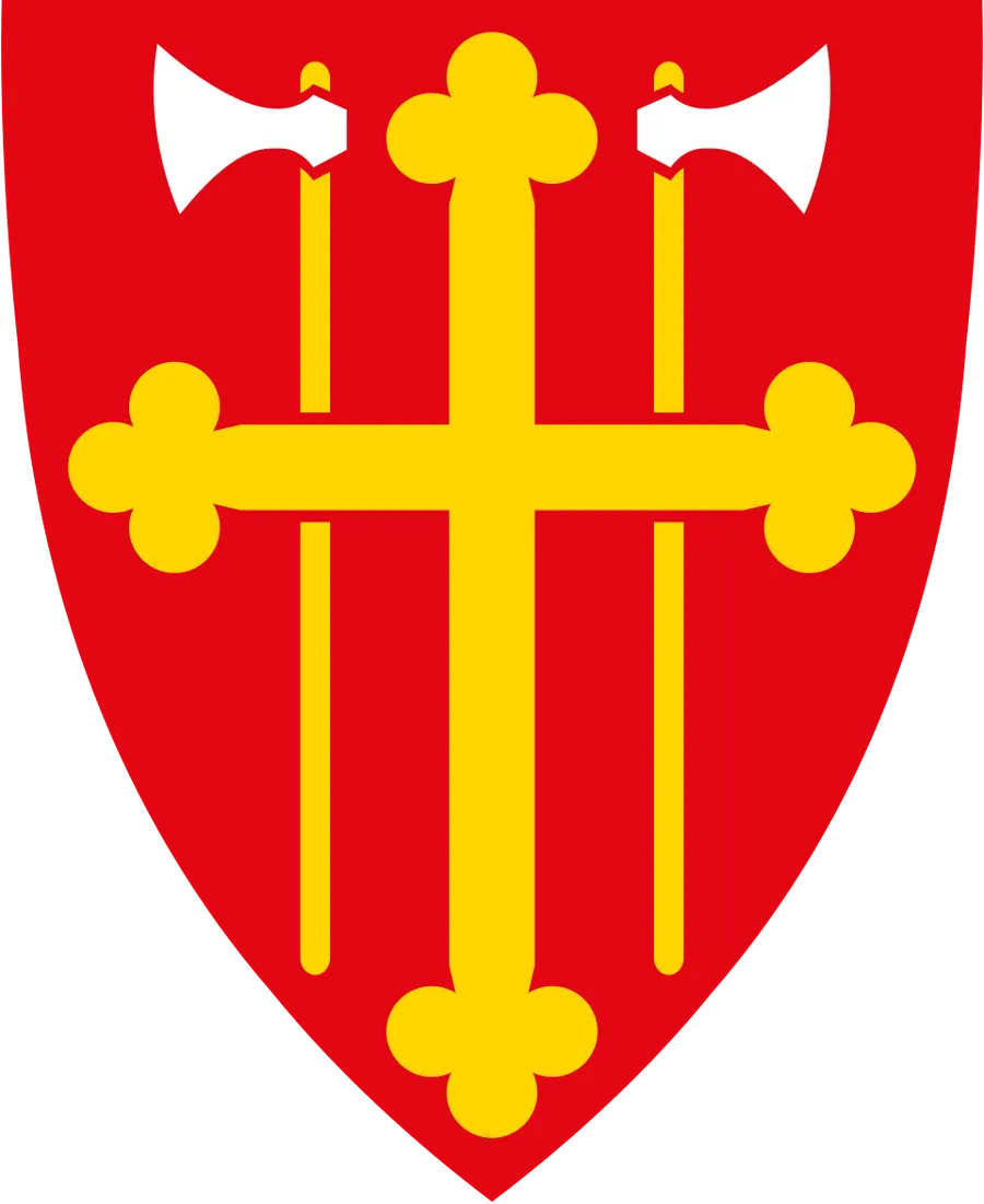 The Church of Norway's coat of arms: a red heater-shaped shield bearing a tall gold cross laid over two silver Olav's axes on long crossed shafts.
