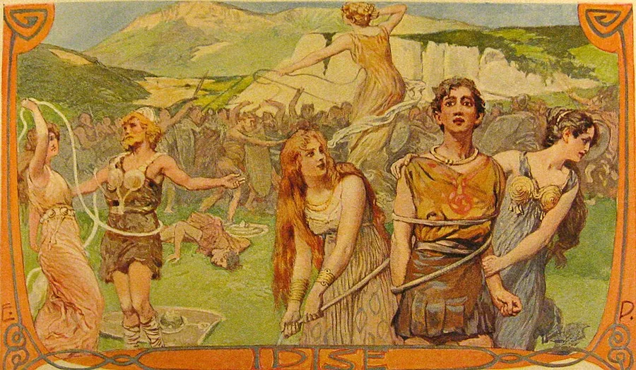 Emil Doepler's Idise: within an orange Art Nouveau border, tall female spirits move calmly through the edge of a battle, binding some warriors with cords and loosing others, while the fighting rages in the valley behind them.