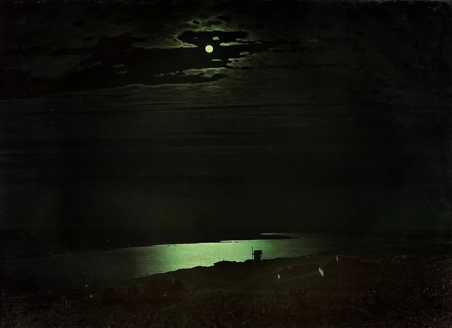 Kuindzhi's Moonlit Night on the Dnieper: a full moon breaks through dark clouds over a night landscape, the broad river below catching a luminous pale-green ribbon of moonlight between black banks, a small hut silhouetted on the near shore.