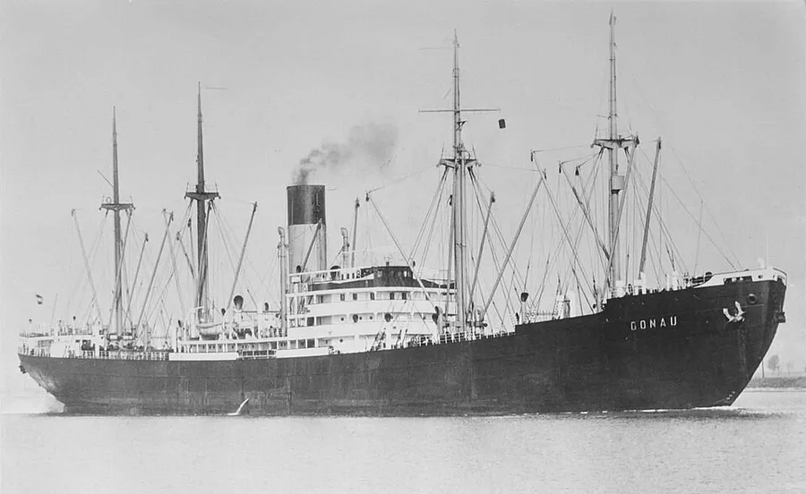 Black-and-white photograph of the cargo steamship Donau at sea in full profile, single funnel smoking, masts and cargo derricks rigged along the deck, her name painted on the dark hull.