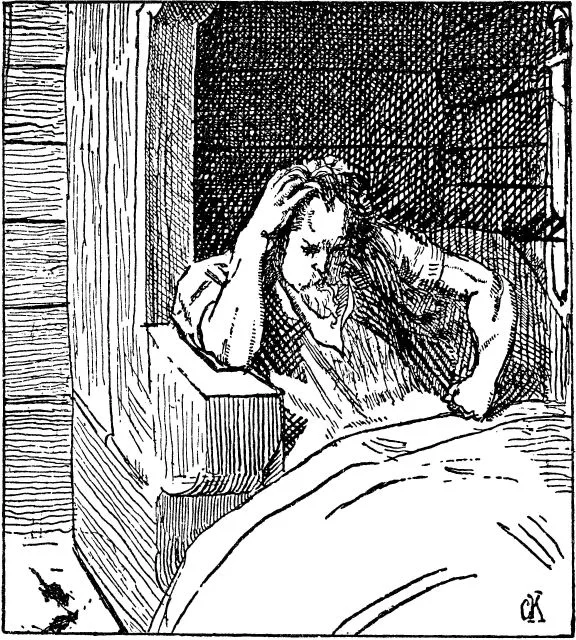 Christian Krohg's 1899 Heimskringla vignette of Håkon jarl of Lade — the earl sitting up in the dark, hand clenched in his hair, brooding.