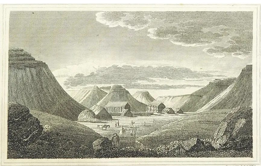 An 1819 engraving after Captain Frisak: the bishop's-seat cluster at Hólar in Hjaltadalur — turf-and-timber farm buildings and haystacks, small figures and horses on the valley floor — beneath steep flat-topped slopes, captioned 'View of Holun' in the plate margin.