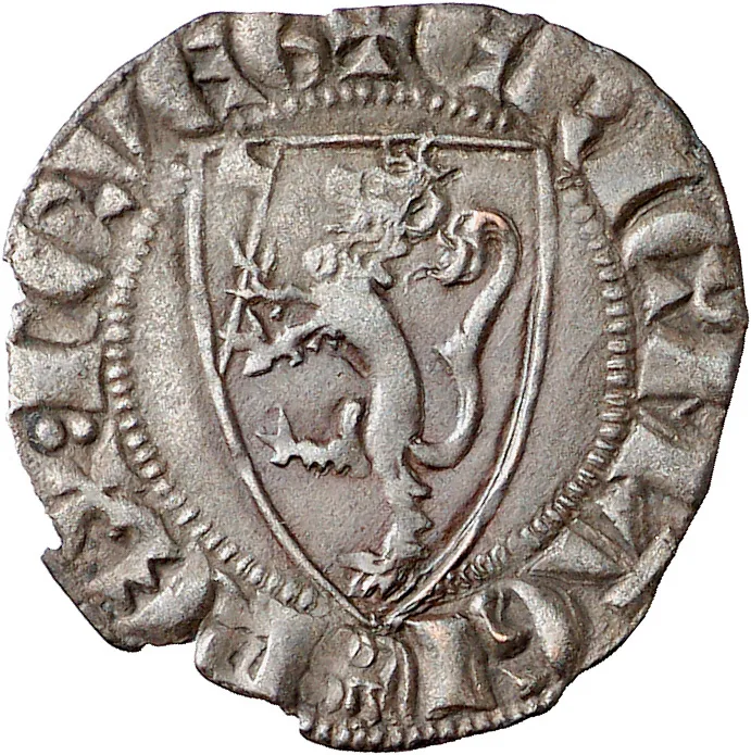 Close photograph of a small worn silver medieval coin showing a rampant lion within a shield, ringed by a Latin legend, struck for King Eirik Magnusson of Norway.
