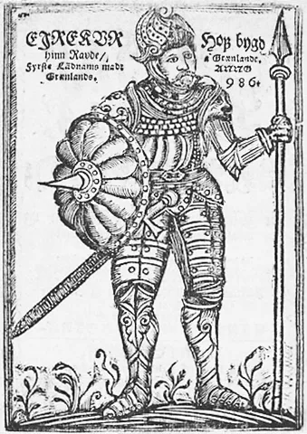 A 1688 Icelandic woodcut in profile: a bearded, armored warrior in a plumed helmet stands holding a tall spear and a round shield with a central boss, Latin/Icelandic captions naming him at either side, foliage at his feet.