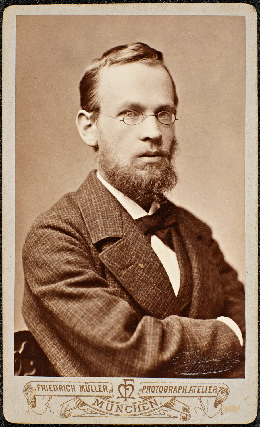 Friedrich Müller's 1880 Munich studio portrait of Erik Werenskiold at twenty-five — wire spectacles, full beard, checked wool coat, arms folded, on the atelier's printed carte mount.