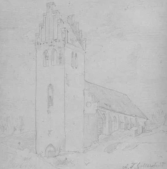 Pale pencil drawing of Falsterbo's medieval church seen from the southwest — a tall square tower with stepped gables and blind arcading, a long nave with pointed windows behind, and low scrub around the churchyard. Signed A. T. Gellerstedt.