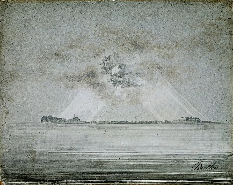 Peder Balke's gray-toned painting of Vardø seen across still water — a low island profile with a church at one end and the mound of Vardøhus fortress at the other, shafts of light breaking through cloud onto the town.