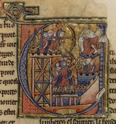 A medieval illuminated initial of the 1099 siege of Jerusalem: mailed crusaders on a wooden siege tower and scaffold storm the city’s crenellated walls, on a gold-leaf ground within the letter, framed by manuscript text.