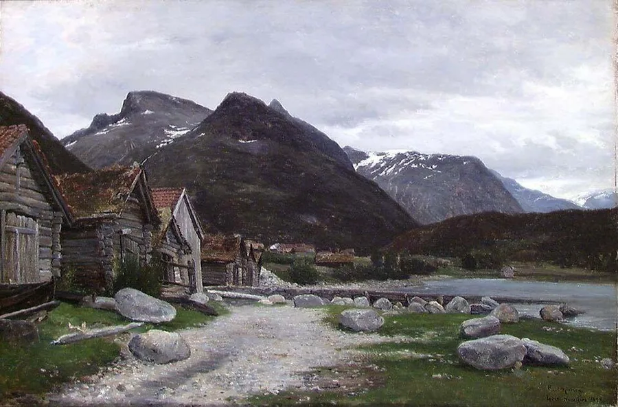 Carl Nielsen's 1894 painting of Loen in Nordfjord — log farm buildings on a stony track above the fjord arm, steep snow-streaked mountainsides closing in behind.