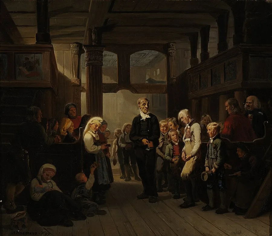 Tidemand's dim-lit painting of a rural Norwegian church interior: a pastor in black questions a line of children in folk dress on their catechism while parishioners look on from carved wooden pews.