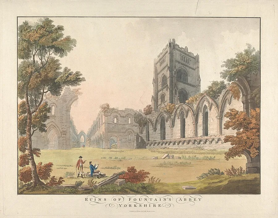 Hand-colored 1811 engraving titled 'Ruins of Fountain's Abbey, Yorkshire': a roofless Gothic nave and tower of golden stone rising among trees, two figures sketching in the grassy foreground.