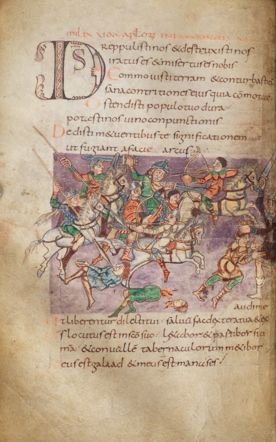A Stuttgart Psalter page with Latin psalm text around a battle miniature on a purple ground: Frankish horsemen in helmets charge with spears and a bow, riding down fleeing foot soldiers, one fallen beneath the hooves; a large interlaced initial opens the psalm.