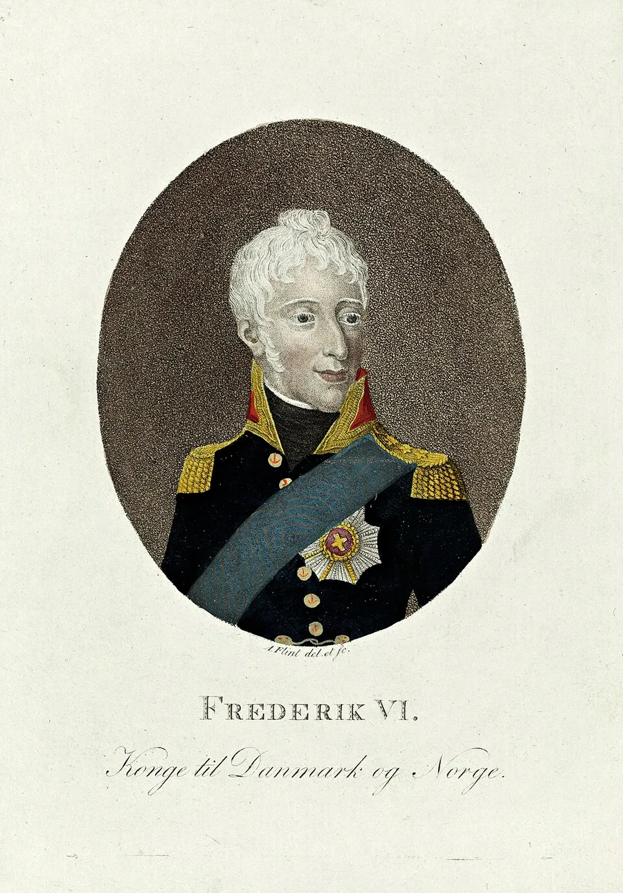 Hand-colored oval engraving of King Frederik VI, head and shoulders, balding with white hair, in a dark military coat with gold epaulettes, a red collar, and a blue sash bearing a star medal, captioned 'Frederik VI. Konge til Danmark og Norge.'