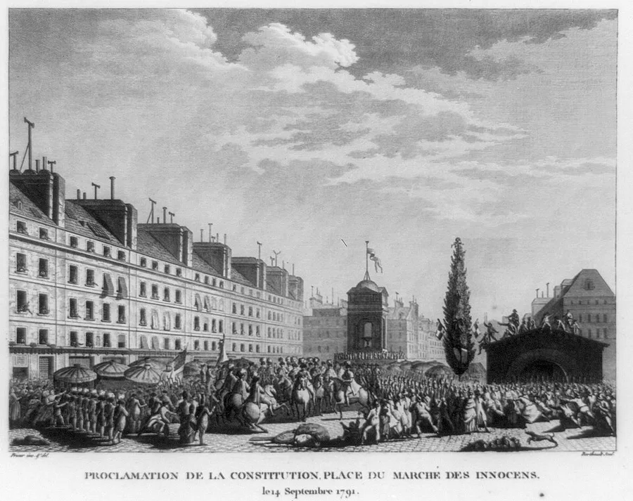 Black-and-white engraving of a crowded Paris square with a mounted procession, a banner-draped platform, and a tall tree; caption below reads 'Proclamation de la Constitution, Place du Marché des Innocens, le 14 Septembre 1791.'