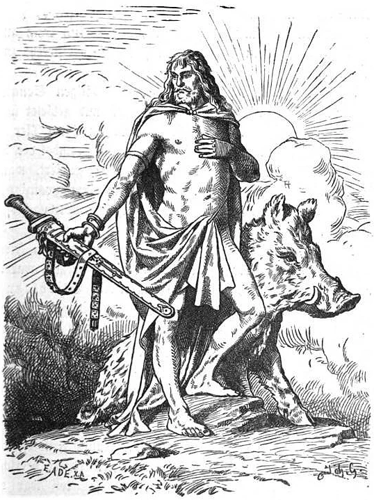Frey standing bare-chested in a wind-blown cloak against a rayed sun, sword in hand, the boar Gullinbursti at his side — Johannes Gehrts's illustration, engraved by Eduard Ade, published 1901.