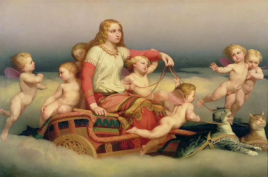 Nils Blommér's 1852 Freja — the goddess riding the night sky in her chariot drawn by two cats, ringed by small winged spirits.