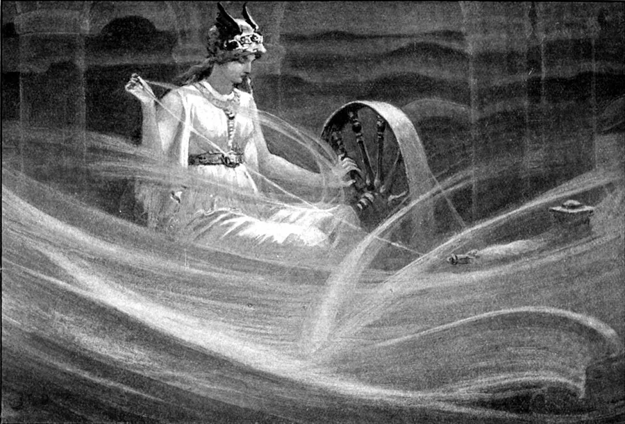 John Charles Dollman's Frigga Spinning the Clouds (1909) — the goddess at a great spinning wheel in the sky, drawing cloud-wool into thread as cloudbanks roll beneath her.