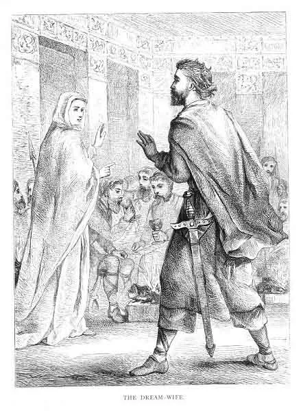 The Dream-Wife: Gisli's white-clad guardian dream-woman appears to him across the hall, hand raised — the fylgjukona of Gísla saga, in an 1866 plate from Dasent's translation.