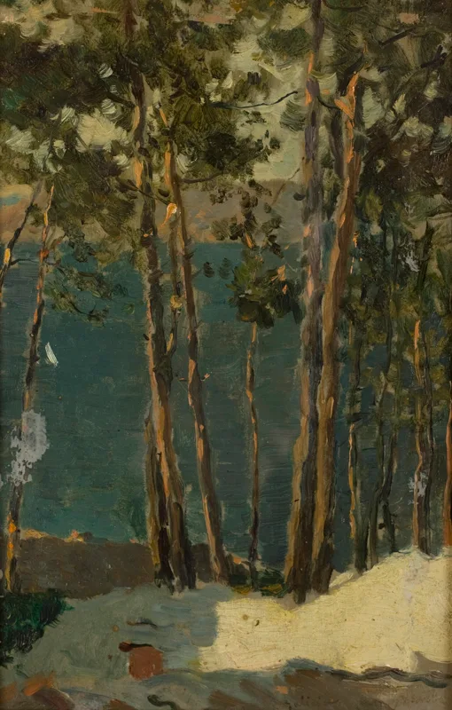 Oil sketch looking through a screen of slender pines to the deep blue-green water of a ría below, a small white sail on the water and a hillside rising on the far shore.