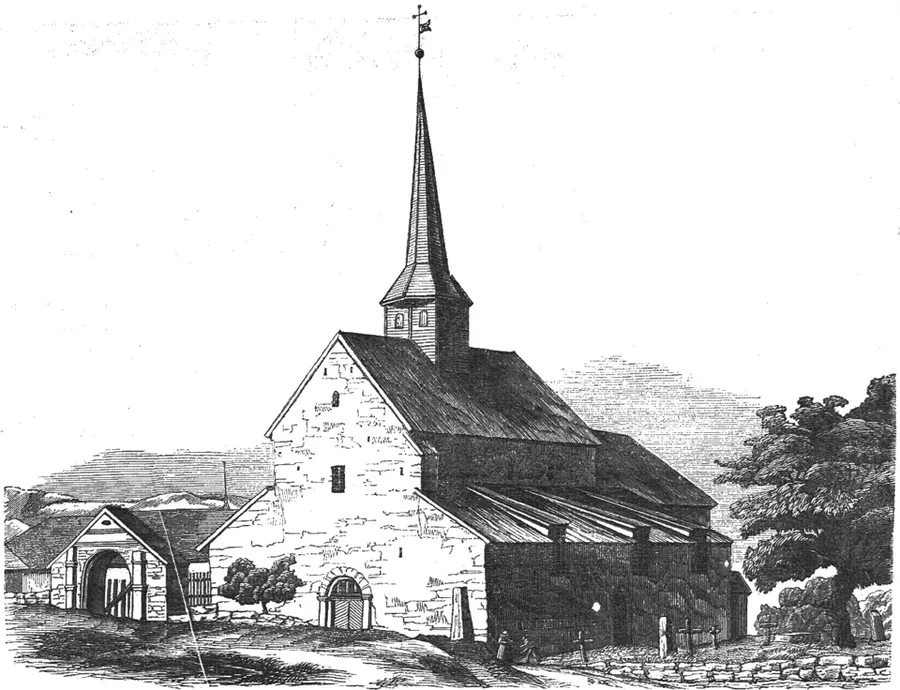 Engraving of Gamle Aker Church, a whitewashed stone Romanesque church with a tall wooden spire, shown before its 1861 restoration, with gravestones and crosses in the churchyard, a gated stone wall at left, and a large tree at right.