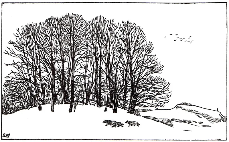 Erik Werenskiold's drawing of Farmannshaugen — a great bare-treed burial mound rising from the winter fields, two foxes trotting past — the mound at the farm's edge where tradition seated the gardvord.