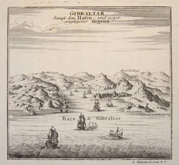 Engraved view titled 'Gibraltar, sampt dem Hafen': the fortified town and its bay seen from the water, hills labeled 'Mont de Singe' and 'Alt Gibraltar' rising behind, with three period sailing ships riding the 'Baja de Gibraltar' in the foreground.