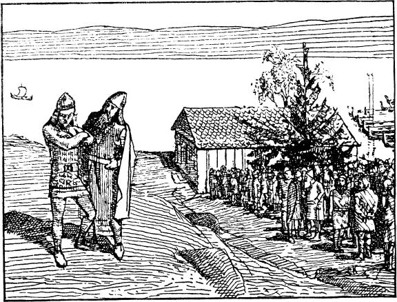 Woodcut of two Norse men in pointed helmets walking along a shoreline path away from a longship, one leaning in close as if speaking to the other, with a crowd gathered by a tree and thatched buildings ahead.
