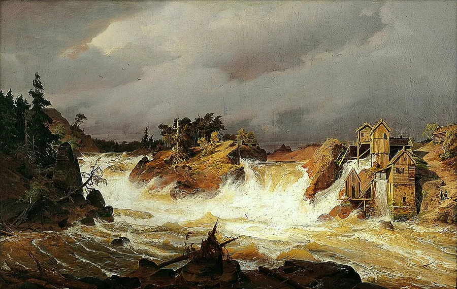 Romantic oil painting of the Trollhättan falls: the river churning white over rocks between wooded banks under a storm-gray sky, wooden mill buildings perched on the right shore.