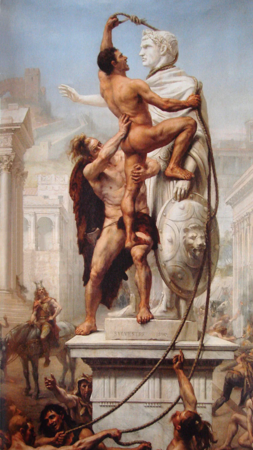 Joseph-Noël Sylvestre's 1890 Sack of Rome — Visigothic warriors hauling on ropes to topple a colossal marble statue of the emperor, the city dim with smoke behind.