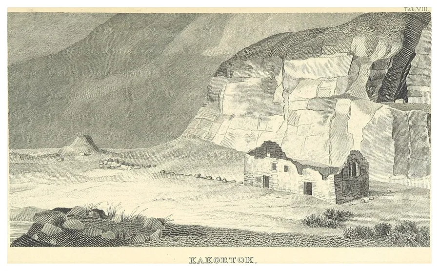 Engraved 1845 plate captioned 'Kakortok': the roofless stone ruin of Hvalsey church, its thick gable walls pierced by door and window openings, standing on open grassland beneath a massive fissured rock face.