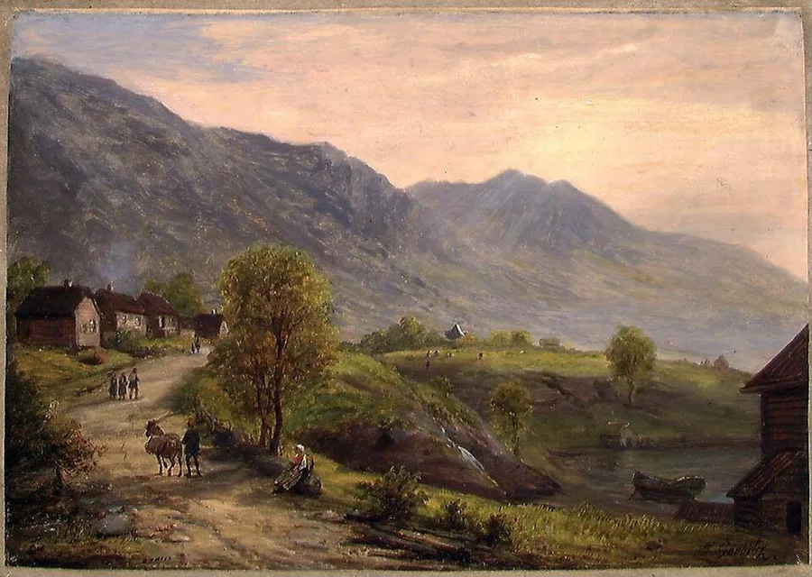 A nineteenth-century Johan Gørbitz painting of the Gudbrandsdalen at Fåvang — a farm road with horse and travellers winding past log buildings, the valley falling away below.
