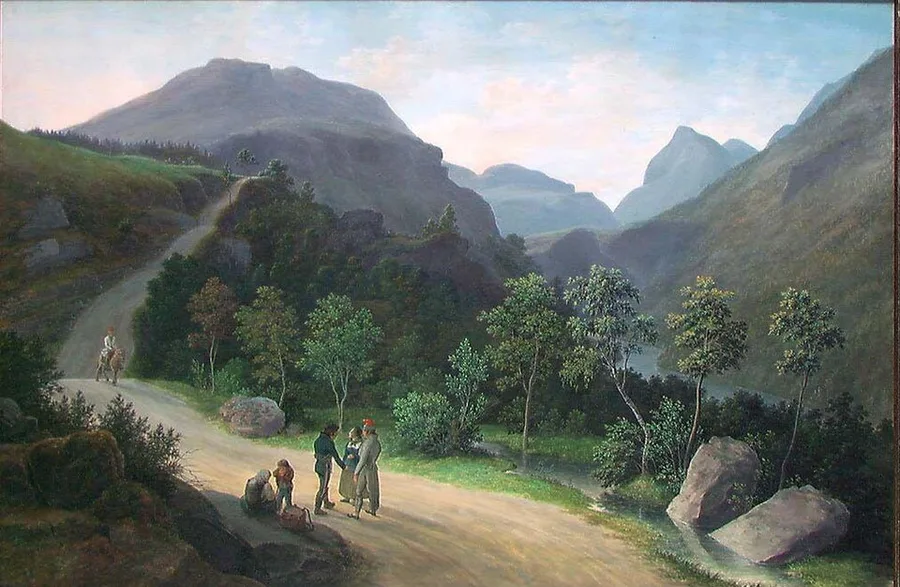 Johannes Flintoe's 1835 painting of Vårstigen, the old road over Dovre: a dirt road winds up steep switchbacks past birches and boulders, a rider on horseback climbing while travellers pause to talk in the foreground, the gorge falling away at right.