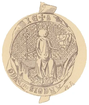 Line drawing of the round wax seal of King Haakon VI Magnusson: a crowned figure enthroned on a bench holding a sceptre and a shield, ringed by a worn Latin legend.