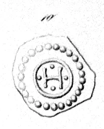 Soft lithographed line drawing of a small medieval bracteate coin: a thin, irregular flan with a beaded outer ring around a circle enclosing the letter H flanked by four pellets — struck in Håkon Sverresson's reign, H for Håkon or for the Hamar mint.