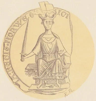 A pen drawing after King Håkon IV's 1247 seal: a crowned king enthroned on a lion-carved throne, holding a sword upright, ringed by a Latin legend naming him king of Norway.