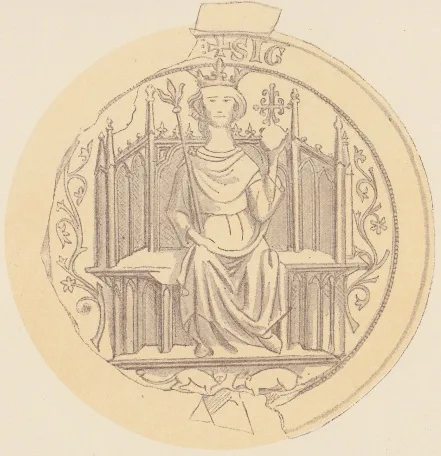 Pen drawing of a royal seal: a crowned king enthroned under a Gothic canopy, holding a cross-topped orb, within a partly worn circular border bearing a Latin legend.