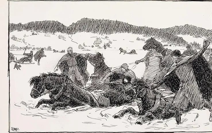 Erik Werenskiold's drawing for the 1899 Heimskringla of Halfdan the Black's death — horses and sledge plunging through the spring ice of Røykenvik as men scramble on the breaking floe.