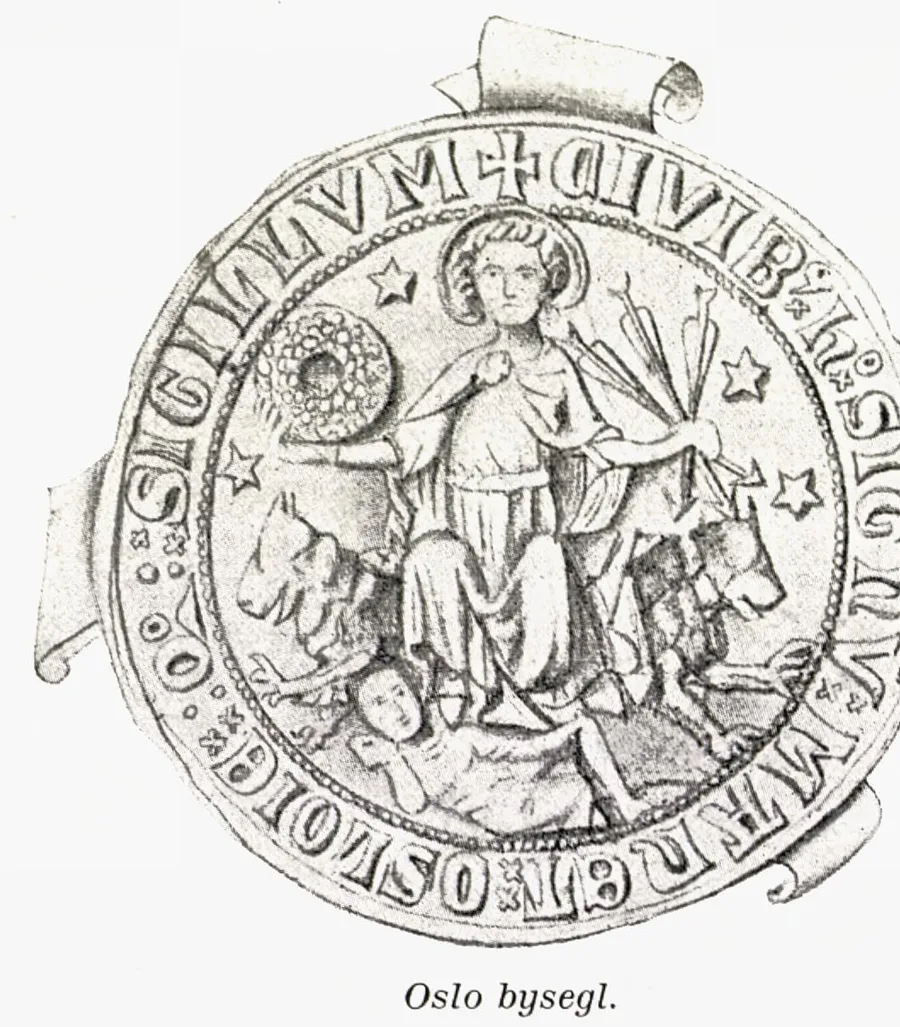 The round medieval Oslo city seal: a haloed saint enthroned, a pierced millstone in one hand and a sheaf of arrows in the other, a small woman lying beneath his feet, stars in the field and a Latin legend around the rim; printed caption 'Oslo bysegl.' below.