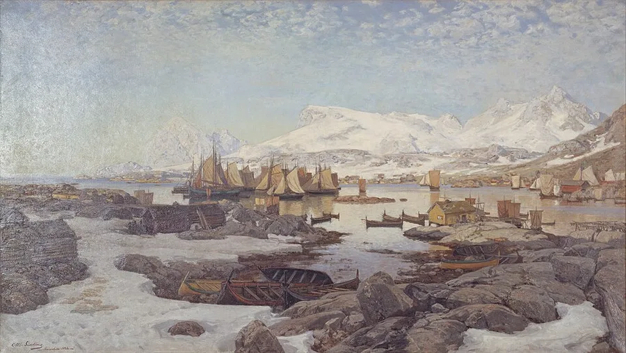 Otto Sinding's 1882 En forårsdag i Lofoten — the working shore of old Hålogaland in spring: boats, drying racks, and barrels below snow-streaked peaks.