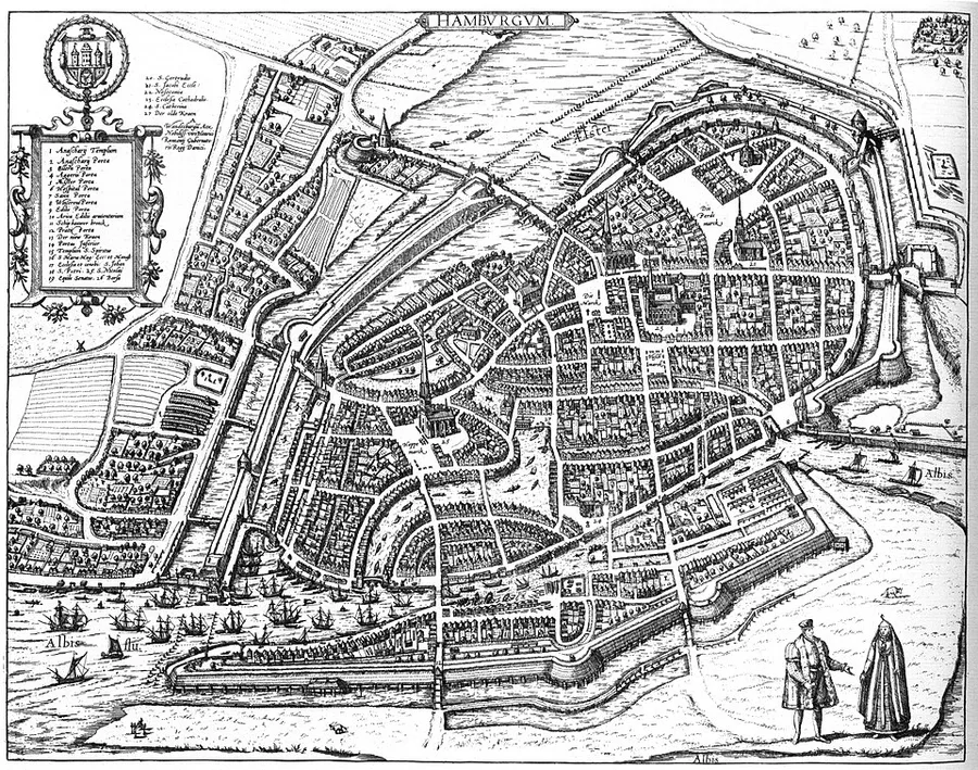 An engraved bird's-eye map-view of walled Hamburg on the Elbe, showing its street grid, church spires, and moated fortifications, with sailing ships on the river and two 16th-century-dressed figures in the foreground.