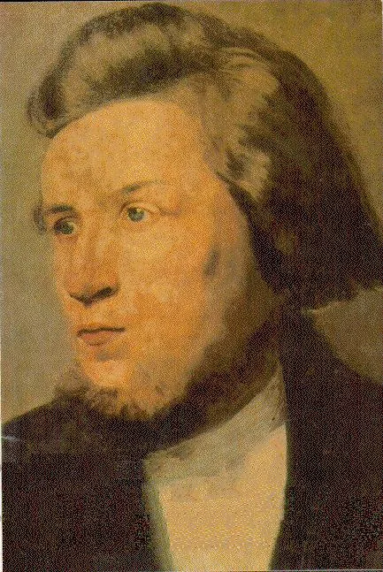 Painted head-and-shoulders portrait of a young Hans Nielsen Hauge, dark hair combed back and a chin-curtain beard along the jawline, wearing a dark coat over a white collar, rendered in a soft, somewhat worn palette.