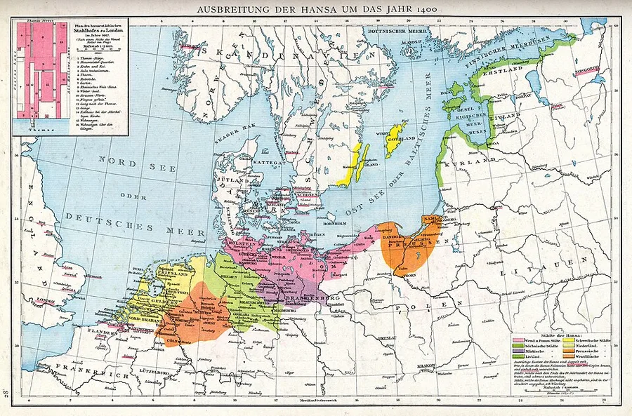 Hand-colored 1886 historical atlas map charting the Hanseatic League's spread across northern Europe around 1400, member and associated cities marked in color from the Low Countries to the eastern Baltic, Bergen marked in red on the Norwegian coast.