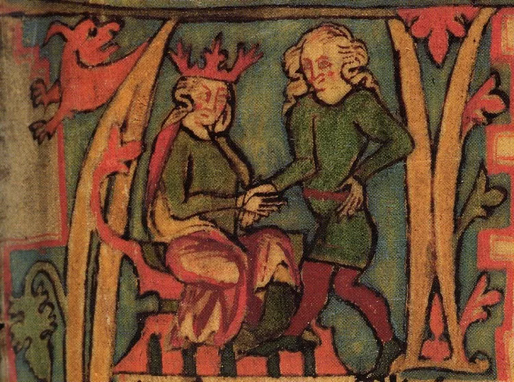 The Flateyjarbók illumination of Harald Fairhair, c. 1390 — the crowned king seated beneath red tendrils, receiving the kingdom out of his father Halfdan's line.